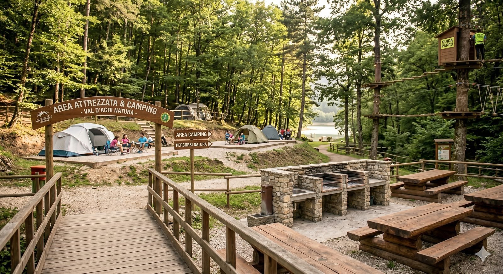 Area attrezzata con tavoli da picnic, fontana in pietra e zona camping