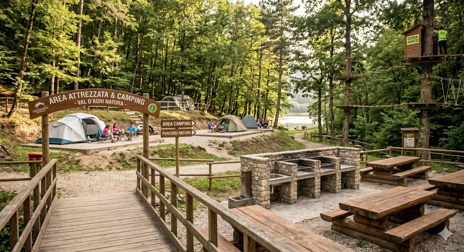 Area attrezzata con tavoli da picnic e fontana in pietra