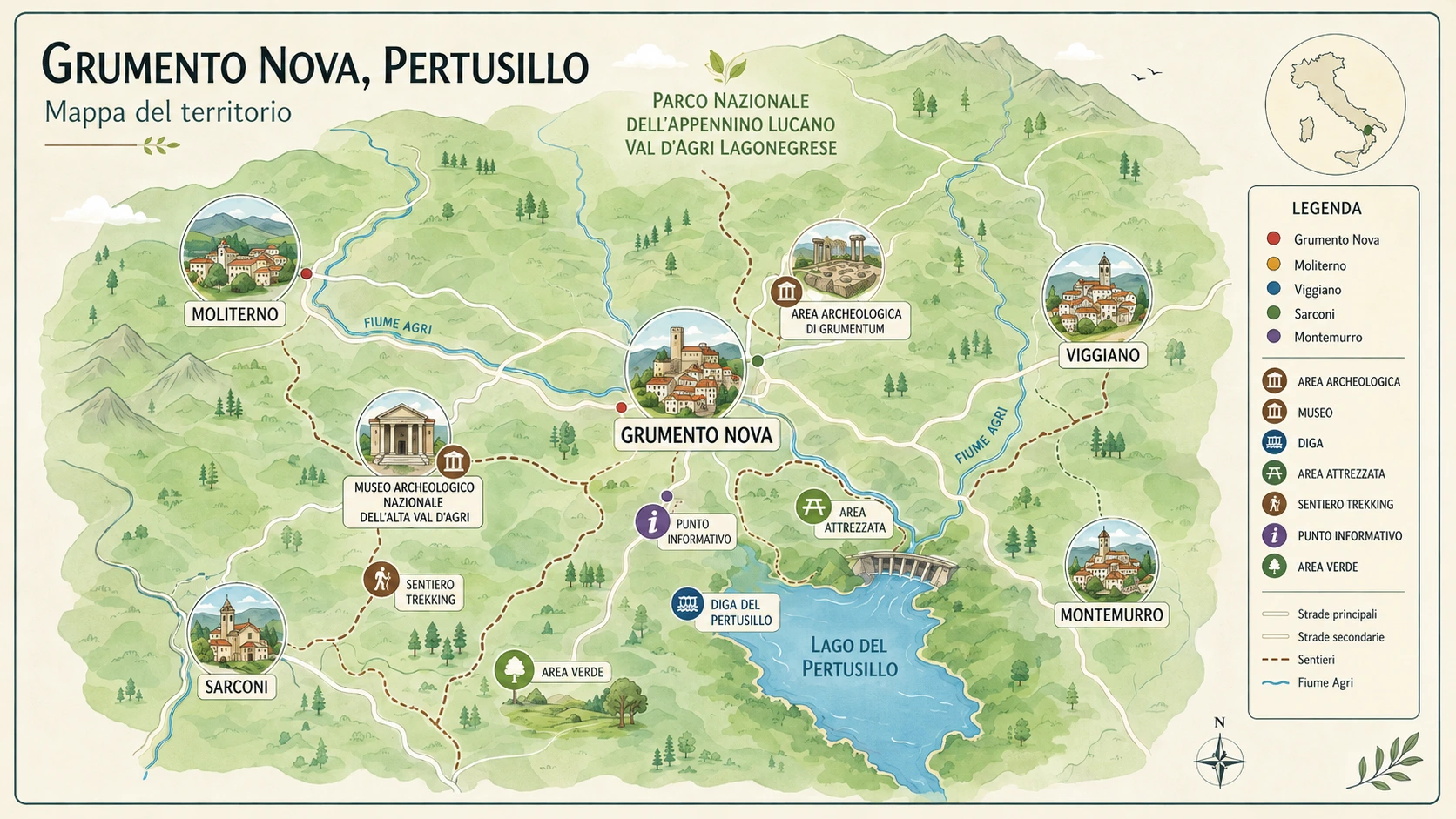 Mappa illustrata di Grumento Nova: Parco Nazionale, Lago del Pertusillo, Grumentum e Val d'Agri