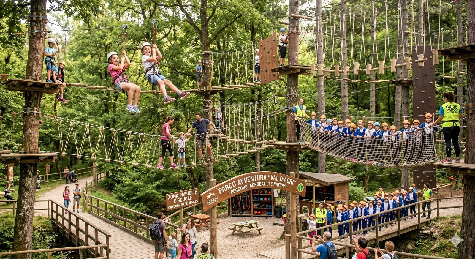 Parco avventura tra gli alberi con percorsi sospesi